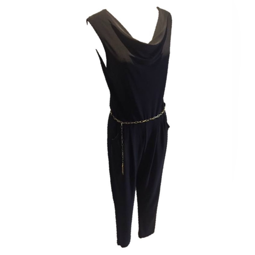 Black Plunge Cowl Neck Jumpsuit Peg Leg with Gold Chain Belt